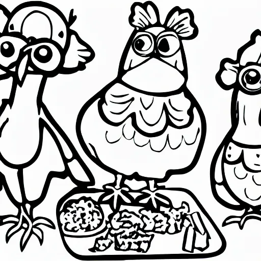 Image similar to a chicken cartoon for kids, coloring page