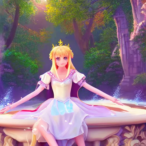 Image similar to a pleasant, beautiful, funny, smooth 3D CG render, semirealistic anime style, a noble priestess magician princess girl wearing dress and jewelry, in a glorious magic kingdom, relaxing calm vibes, fairytale