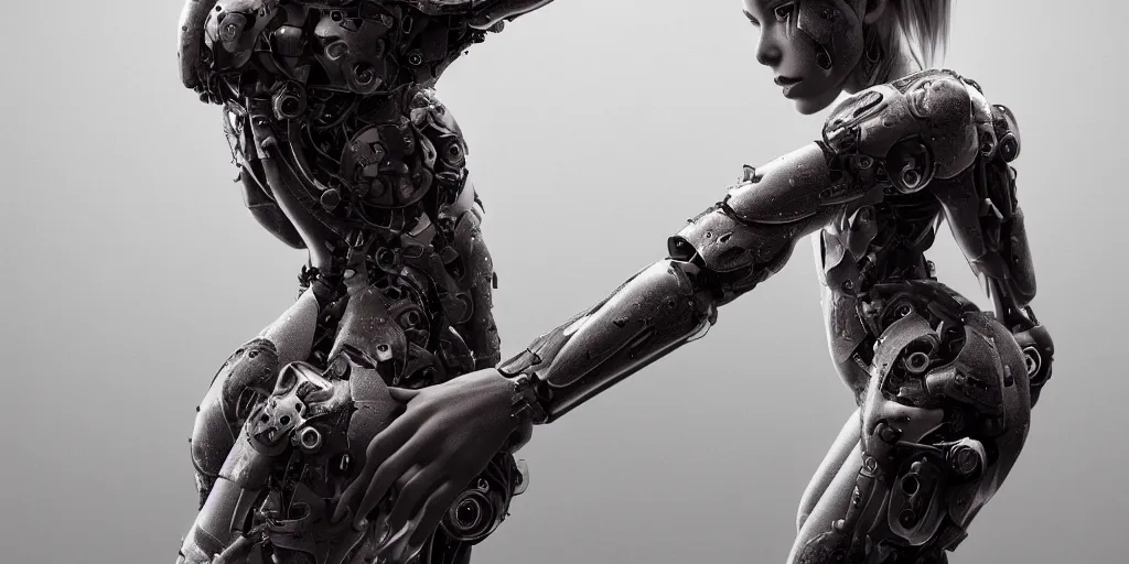 Prompt: photorealistic gorgeous symmetrical female cyborg, holding intimately, holding hands, highly detailed, arms, back, intricate, in the style of beth cavener, jin kagetsu, wlop, masterpiece, concept art, high key lighting, ambient lighting, octane render, 8 k, artstation