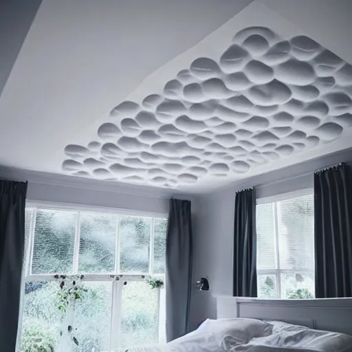 Prompt: raining inside my bedroom, clouds on the ceiling