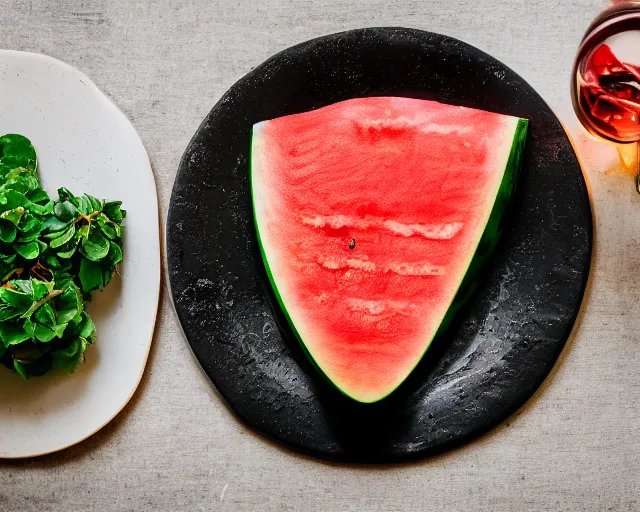 Prompt: 8 5 mm food photography of a large grilled watermelon at a restaurant with dof and bokeh and wine glasses out of focus in the background. highly detailed 8 k. intricate. lifelike. soft diffused light. nikon d 8 5 0.