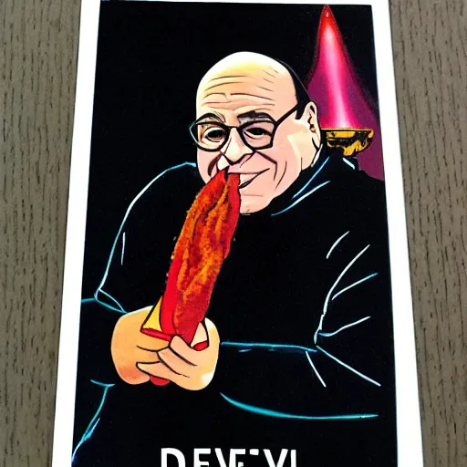 Image similar to Danny DeVito conehead tarot card