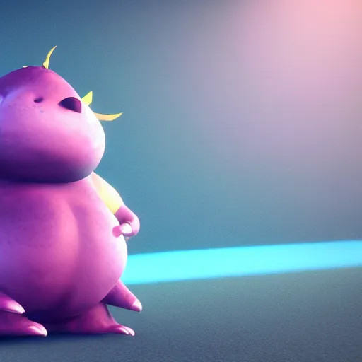 Prompt: chubby fat monster, purple scales ,cute, sparkle eyes, photorealistic, wearing skirt, 4k, unrealengine,