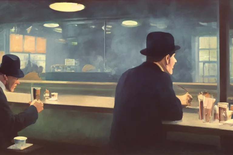 Prompt: a man wearing a fedora and smoking in a diner in 1 9 5 0 by tim fowler and fred ingrams and gerhard richter, lighting by makoto shinkai, oil on canvas, masterpiece 4 k