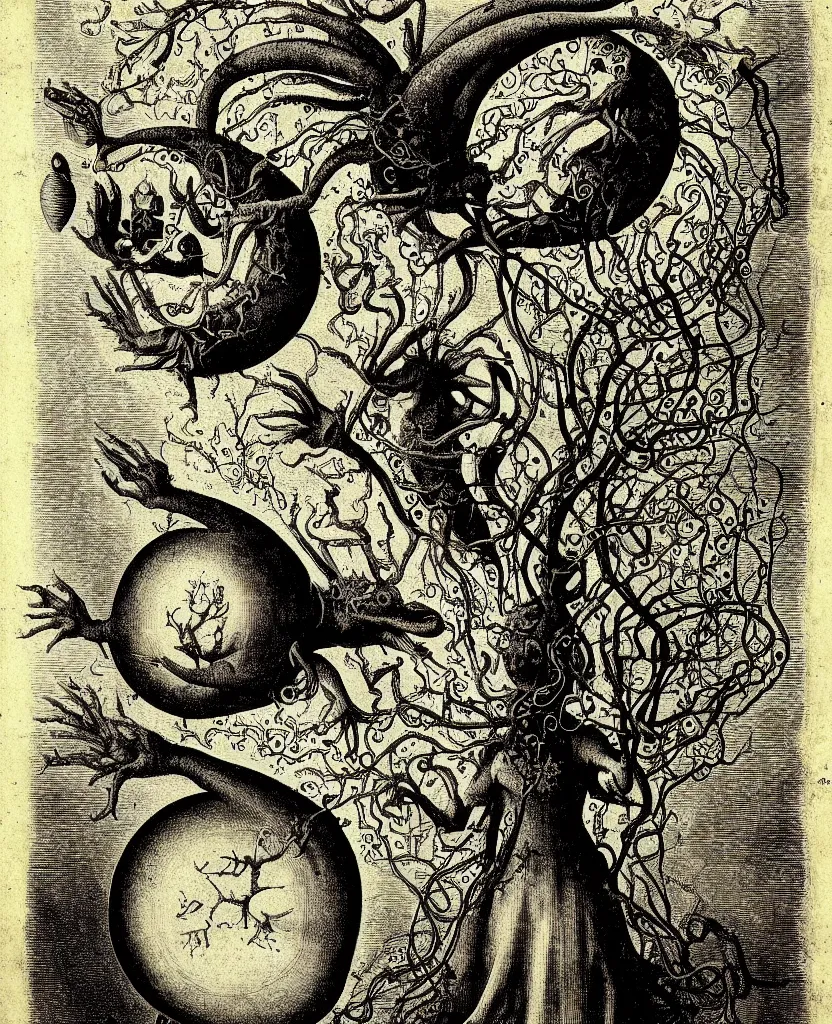 Image similar to whimsical freaky creature sings a unique canto about'as above so below'being ignited by the spirit of haeckel and robert fludd, breakthrough is iminent, glory be to the magic within