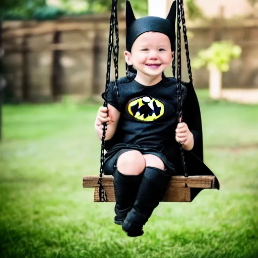 Prompt: batman sits happily on a garden swing, happy face, 8 k photography