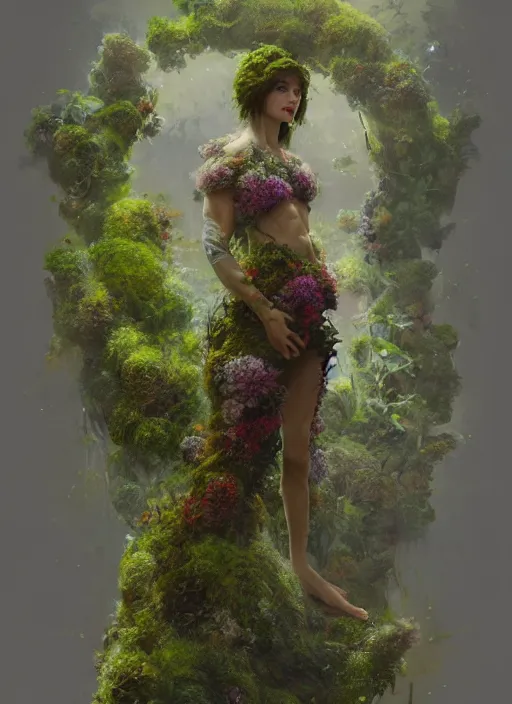 Image similar to a man made of moss and flowers, full body view, beautiful high quality realistic fantasy art, trending on artstation by artgerm and greg rutkowski and alphonse mucha