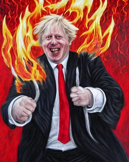 Image similar to dark fantasy painting of uk politician former prime minister boris johnson wearing a suit of red dancing smiling in the fiery pits of hell, smiling and having fun with demons, satanic imagery, pagan, satanic symbolism, 4 k detail