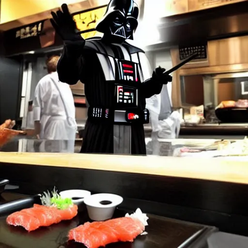 Prompt: darth vader making sushi behind a counter at a sushi restaurant