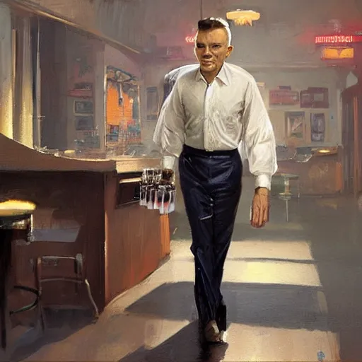 Image similar to a highly detailed epic cinematic concept art CG render digital painting artwork costume design: Frank Sinatra as a poor 1950s bartender. volumetric lighting. By Greg Rutkowski, in the style of Francis Bacon and Syd Mead and Norman Rockwell and Beksinski, great attention to proper perfect anatomy, highly detailed, painted by Francis Bacon and Edward Hopper, painted by James Gilleard, surrealism, airbrush, Ilya Kuvshinov, WLOP, Stanley Artgerm, very coherent, triadic color scheme, realistic facial expression, art by Takato Yamamoto and James Jean