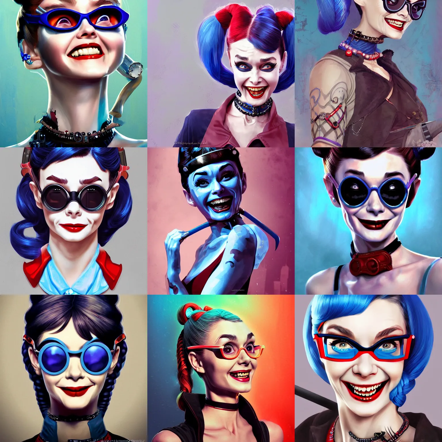 Prompt: evil audrey hepburn as harley quinn, no makeup, tane skin, blue hairs, double long braids blue, insane crazy laugh, steampunk googles, portrait shinkai makoto artgerm rossdraws james jean marc simonetti highly detailed intricate matte sharp focus digital painting artstation pixiv