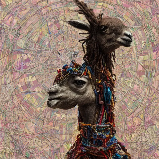 Image similar to llama with dreadlocks, industrial scifi, by mandy jurgens, ernst haeckel, el anatsui, james jean