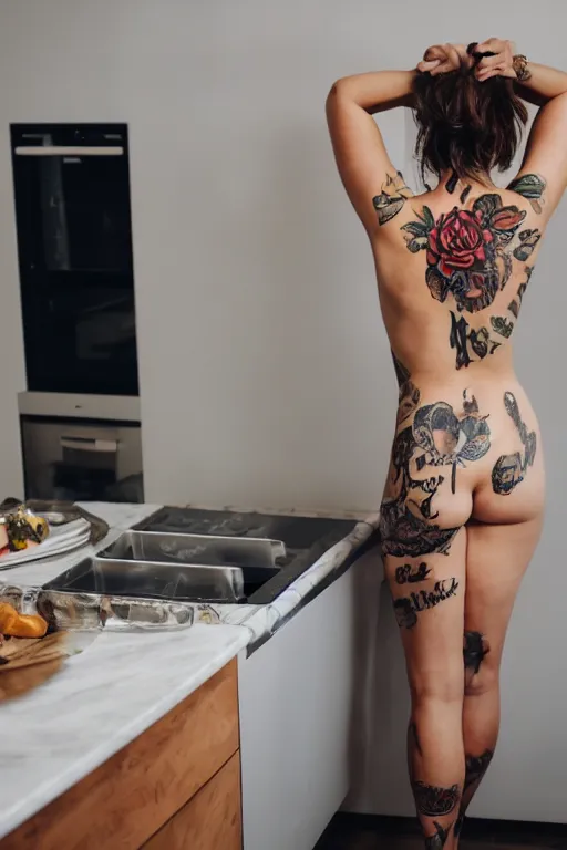 Prompt: a woman posing for the camera in a kitchen, a tattoo by louisa puller, trending on cg society, superflat, 3 2 k uhd, hd, 4 k