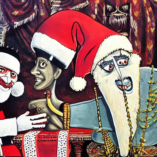 Image similar to a detailed painting of rameses ii slapping santa claus by gerald scarfe and ralph steadman