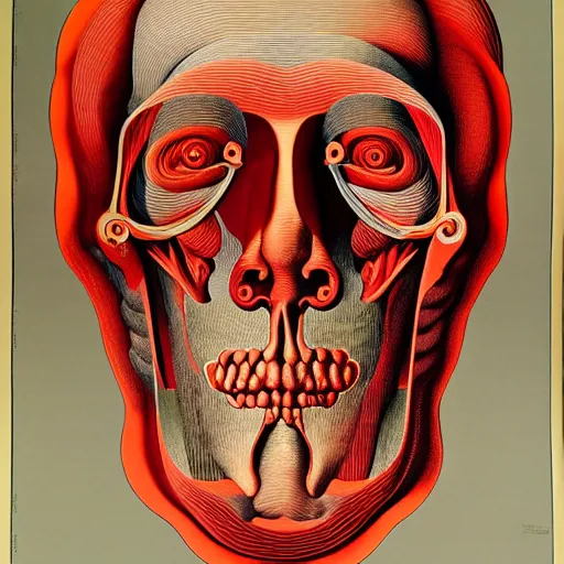 Image similar to red conceptual post - mortem monumental portrait made by escher and william blake and salvador dali, highly conceptual art, intricate detailed painting, illustration sharp detail, vector sharp graphic, manga 1 9 9 0, anatomy atlas