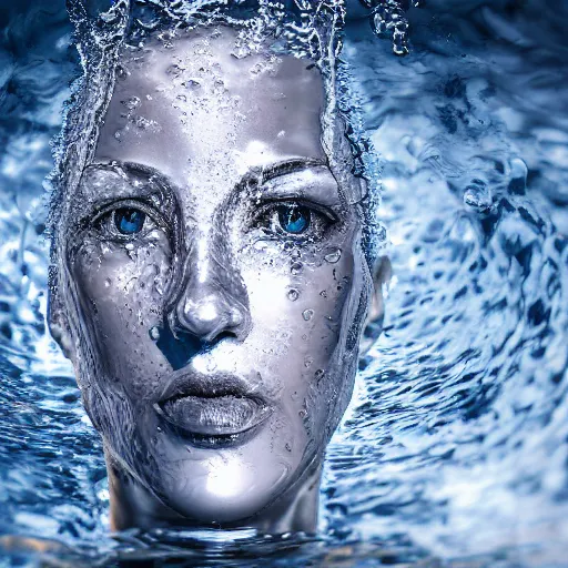 Prompt: water artwork manipulation in the shape of a human head, on the ocean water, ray tracing, realistic water sharp focus, long shot, 8 k resolution, cinematic, amazing water art