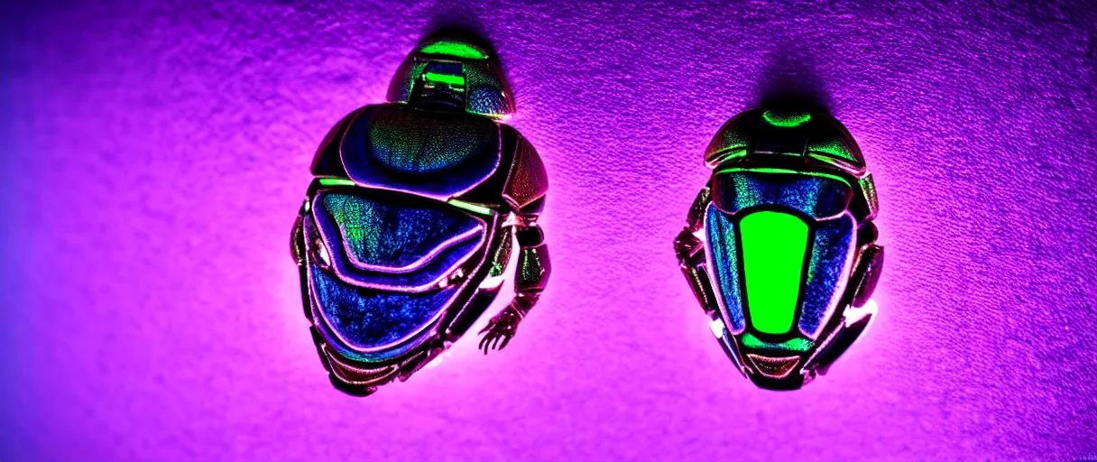 Image similar to high quality photo glowy iridescent cyborg scarab! jeweled very pretty! highly detailed digital art david ligare elson peter cinematic purple neon lighting high quality low angle hd 8k sharp shallow depth of field