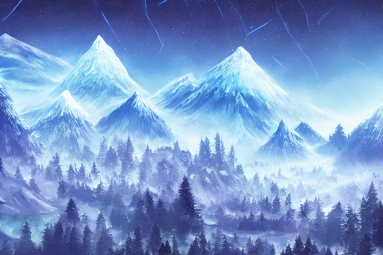 Prompt: blue themed mystic ice crystal mountain landscape, meteor shower, epic, miyazaki style, cinematic, indie, highly detailed, featured on artstation, highly detailed, abstract