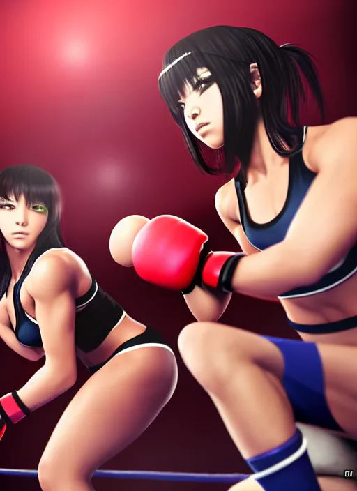 Prompt: two beautiful female fighters standing off in gym, dim lighting, gorgeous features, high resolution, smooth anime art