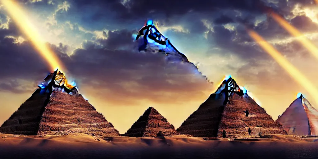 Image similar to beautiful egyptian pyramid, magic, waterways, waterfalls, gorgeous clouds, god rays, digital art, landscape, fantasy art, octane render, ureal engine, high detail, very realistic, by greg rutkowski. by james gurney