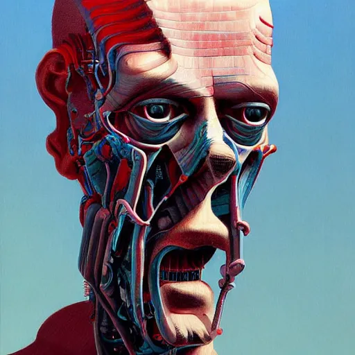 Image similar to portrait half face robot,highly detailed, very coherent, painted by Francis Bacon and Edward Hopper, Wayne Barlowe, painted by James Gilleard, surrealism, airbrush, art by JamesJean