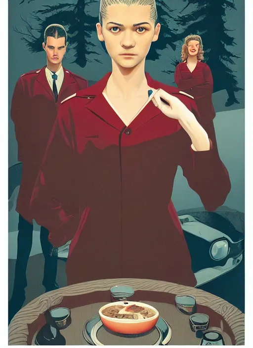 Image similar to Twin Peaks poster artwork by Michael Whelan, Bob Larkin and Tomer Hanuka, Karol Bak of portrait of Zendaya is a high school student working at the diner wearing waitress dress, from scene from Twin Peaks, simple illustration, domestic, nostalgic, from scene from Twin Peaks, clean