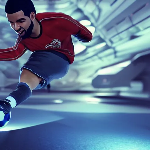 Image similar to Drake playing soccer on a spaceship. Hyper detailed, 8k, photography, realistic, octane render, unreal engine, ray traced