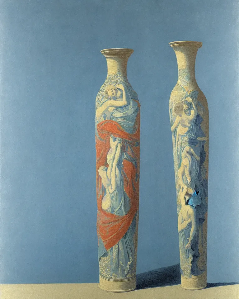 Image similar to achingly beautiful print of intricately painted ancient greek lekythos on a baby blue background by rene magritte, monet, and turner.