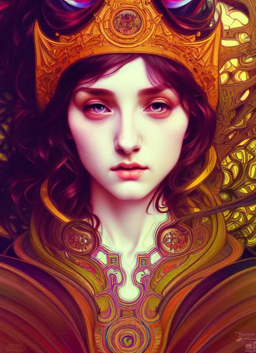 Image similar to overlord, psychedelic, portrait, highly detailed, deep focus, elegant, digital painting, smooth, sharp focus, illustration, ultra realistic, 8 k, art by artgerm and alphonse mucha