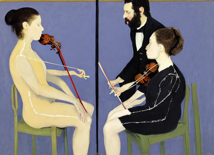 Image similar to portrait of two young nervous violin players sitting on chairs getting ready to perform, half figure front, vincent lefevre and pat steir and hilma af klint, psychological, photorealistic, symmetrical faces, intriguing eyes, dripping paint, washy brush, rendered in octane, altermodern, masterpiece