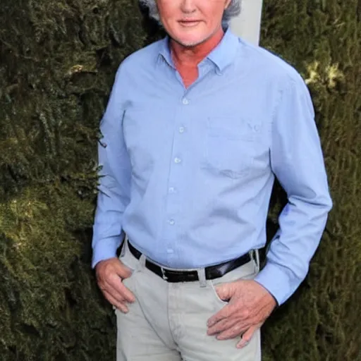 Image similar to patrick duffy, he has very long length straight grey hair, wearing a white shirt