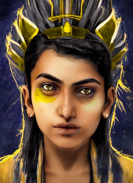 Prompt: An epic fantasy comic book style portrait painting of a very very beautiful young Indian woman, very expressive, dark piercing eyes, tomboy, mischievous, smirk, round face, very dark Nilotic tan skin, futuristic short black hair style, wearing a blue and yellow soccer uniform, arms crossed, unreal 5, DAZ, hyperrealistic, octane render, cosplay, RPG portrait, dynamic lighting