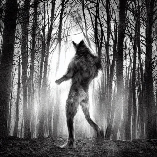 Image similar to human! wolf werecreature, photograph captured at woodland creek