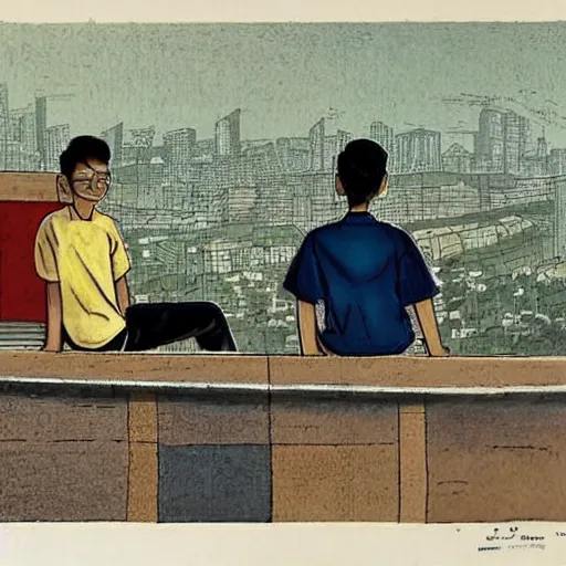 Image similar to art of two singaporean students in uniform sitting on the roof of a hdb flat, by moebius