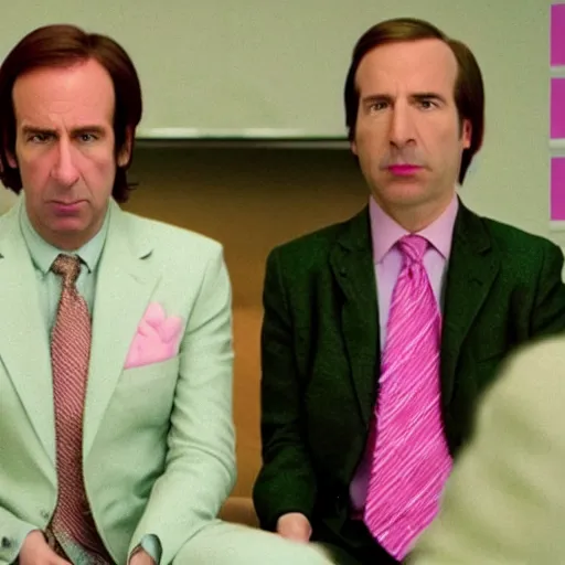 Prompt: Still frame from of Saul Goodman in a Wes Anderson movie, pastel colors