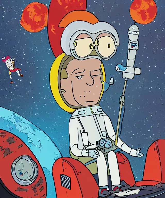 Prompt: portrait of yuri gagarin as rick from rick and morty, spacesuit with helmet, flag of ussr, vostok rocket on the background, 2 d cartoon