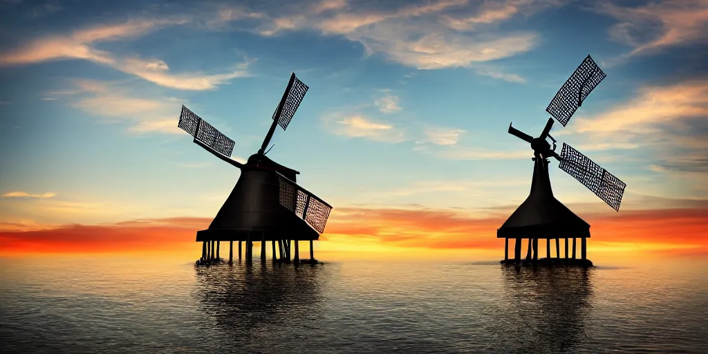 Image similar to Beautiful award winning photograph of a pretty sunset with an island floating in the sky, with a windmill on top, 4k