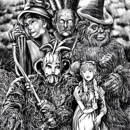 Prompt: The Wizard of Oz by Kentaro Miura, highly detailed, black and white