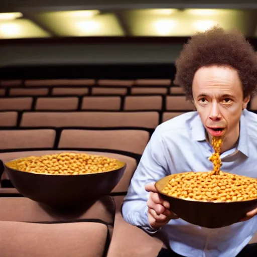 Image similar to malcolm gladwell eating beans from a bowl in an empty AMC movie theater, high res, 4k, realistic