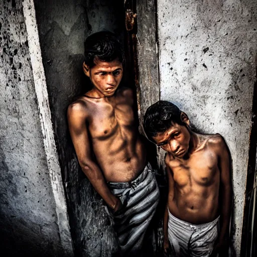 Image similar to stunning beautiful portrait photography of thieves in the favelas from national geographic award winning, dramatic lighting, taken with canon 5d mk4, sigma art lens