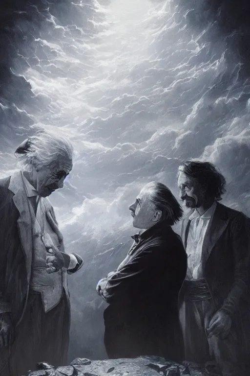Image similar to Albert Einstein and Alan Watts having a metaphysical discussion, hyperdetailed artstation cgsociety by greg rutkowski and by Gustave Dore
