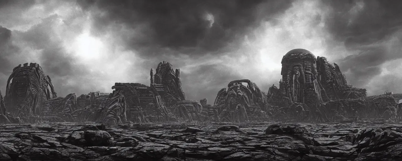 Image similar to a large ominous and geometric ruins of an alien civilization built on a barren dry land with an epic cloud formation on the background by HR GIger, Dariusz Zawadzki, Neil blevins, Feng Zhu, gustave doré, zhuoxin ye, very detailed, octane render, 8k, oranate and brooding, scary and dark, canon 24mm lens