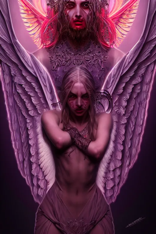 Prompt: hyper detailed ultra sharp of a beautiful azazello is one of the demonic and mystical characters in the work, a negative character in biblical stories, a fallen angel who opposed the will of god. various reference for artists, facial expressions, trending on artstation, neon colors, hyper detailed, digital art, cinematic lighting, concept art by artgerm, 8 k