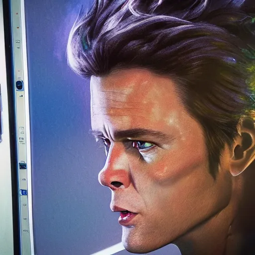 Image similar to hyperrealistic film still of ace ventura peeking through window, spacecraft in space, stunning 3 d render, inspired by istvan sandorfi & greg rutkowski & unreal engine, perfect facial symmetry, dim volumetric cinematic lighting, 8 k octane comprehensive render, extremely hyper - detailed, incredibly lifelike attributes, intricate, real flesh texture, masterpiece, artstation, stunning,