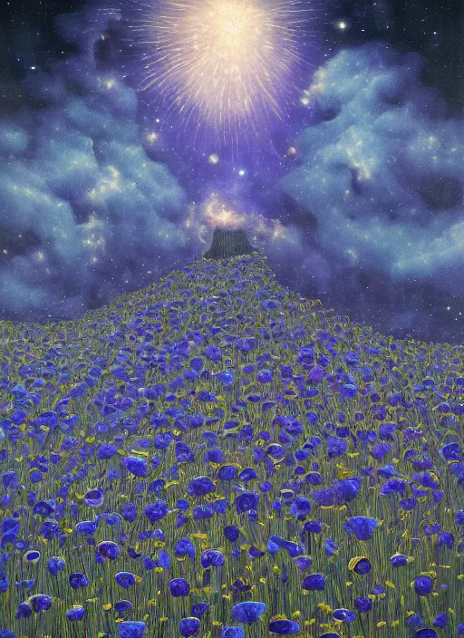 Image similar to detailed, intricate blue black and purple papaverum flower on the field, nebula, galaxy in the sky, winning award masterpiece, fantastically beautiful, illustration, aestheticly inspired, jacek yerka, upscale with anguissola sofonisba work, artstation, 8 k