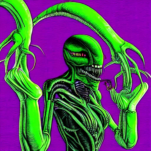 Prompt: “H.R. Giger's xenomorph reimagined Lisa James, 90s hyper color digital illustration”