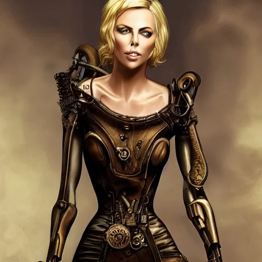 Image similar to beautiful Charlize Theron, perfect face and boy, in detailed steampunk dress, smooth, sharp focus, illustration, realistic, cinematic, artstation, gold, ornate, award winning, original modern artwork, set on H. R. Giger aesthetic, rgb ethereal lighting,8k