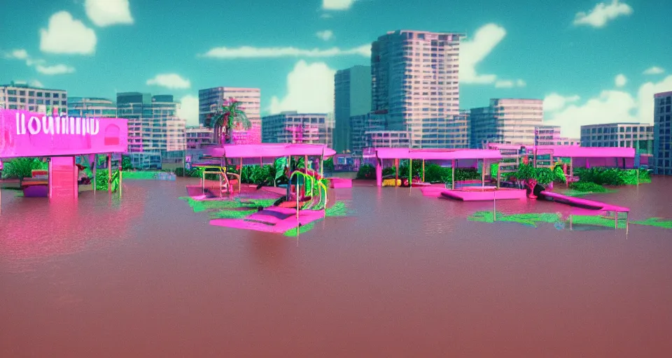 Image similar to 80s VHS vaporwave outrun 3d Render of a flooded playground, liminal space retro, grainy, noisy