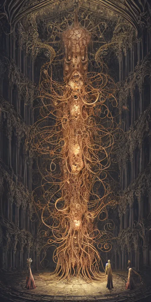 Image similar to group of people species mages with octopus heads and a lot of small translucent jellyfishes floating around inside an ancient mage castle hall colossal scale, gothic and baroque, brutalist architecture, ultradetailed, Intricate by Ellen Jewett and Josan Gonzalez and Giuseppe Arcimboldo