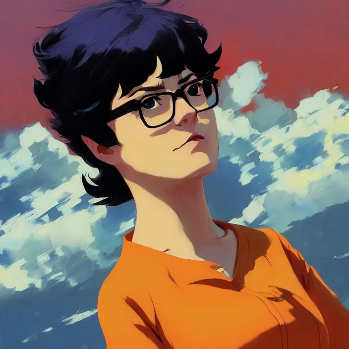 Image similar to Painting of Velma Dinkley in the style of Cowboy Bebop, countryside, calm, fantasy character portrait, dynamic pose, above view, sunny day, thunder clouds in the sky, artwork by Jeremy Lipkin and Giuseppe Dangelico Pino and Michael Garmash and Rob Rey and Greg Manchess and Huang Guangjian and Makoto Shinkai, very coherent asymmetrical artwork, sharp edges, perfect face, simple form, 100mm